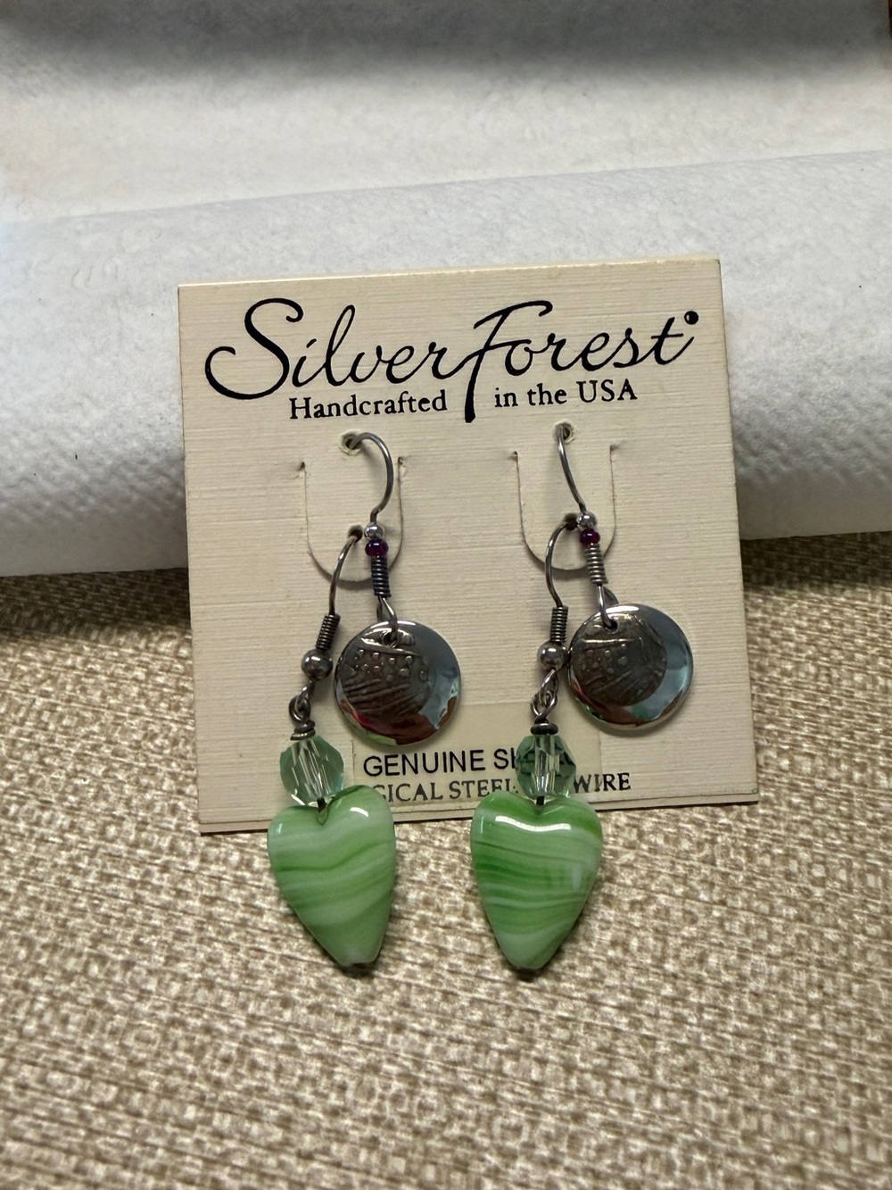 Silver Forest Light Green Heart Drop Earrings with Silver Discs